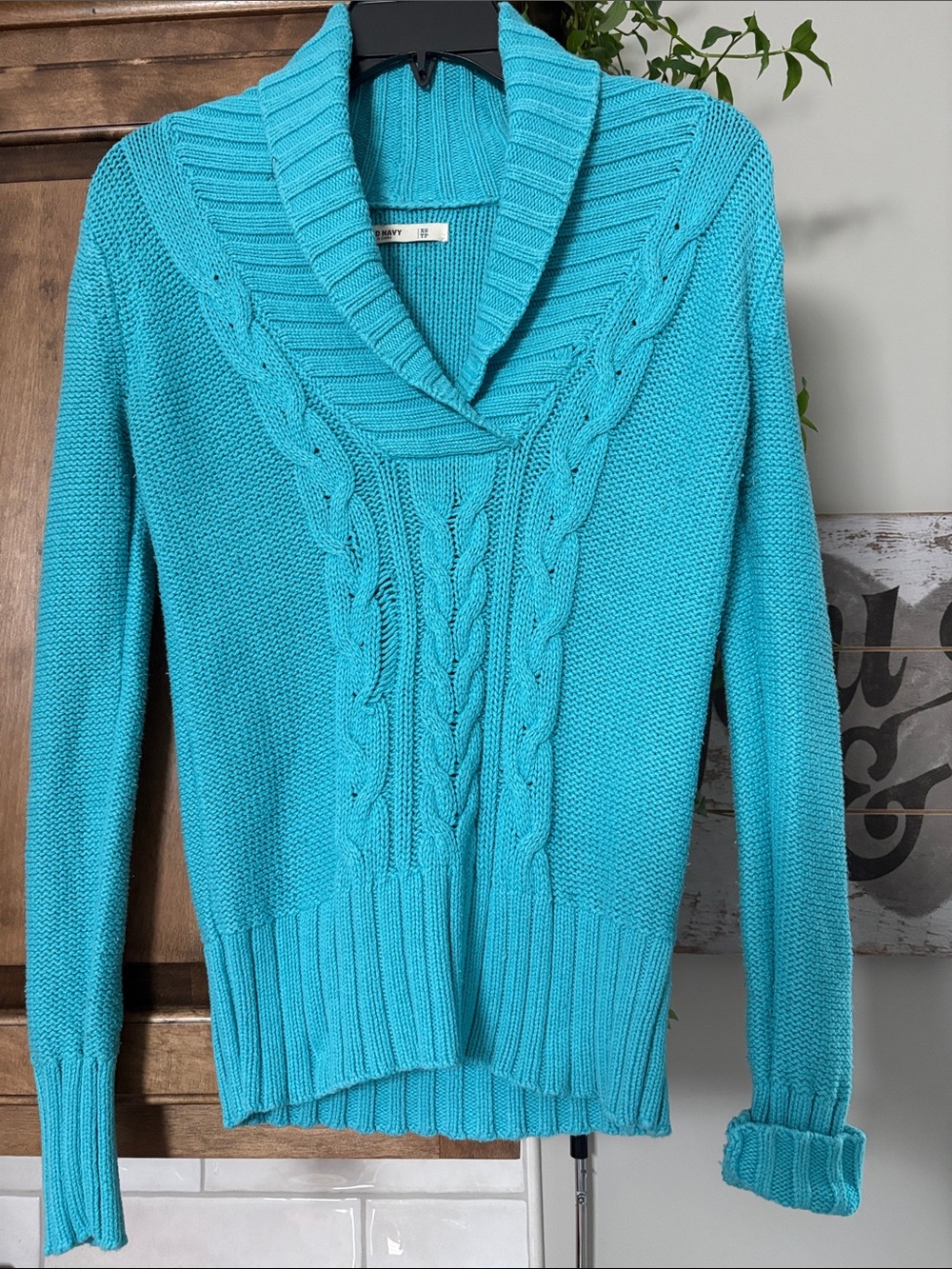 Banana Republic Turquoise Cable-Knit Shawl Collar Sweater